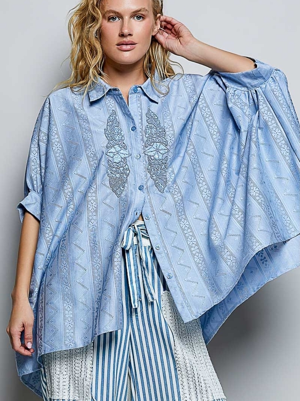 NEW!! POL Light Blue Embroidered Button-Up Poncho Shirt, NWT